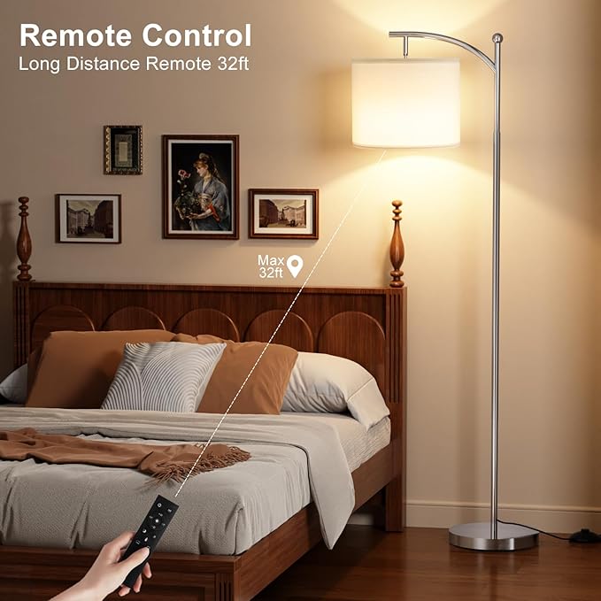 Ambimall Floor Lamp with Remote Control and Stepless Dimmable Bulb, Colors Temperature & Brightness Adjustable, Modern Floor Lamps for Living Room（White Shade & Silver Pole） - LeafyLoom