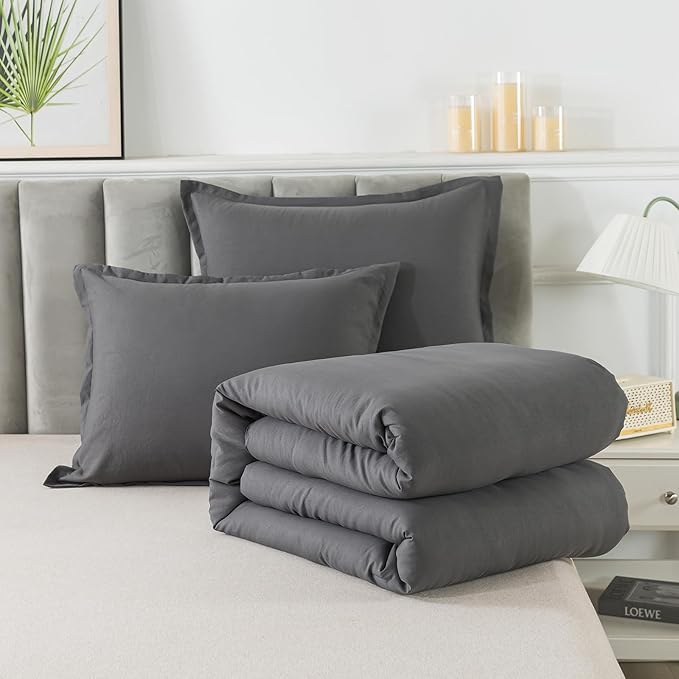 Dark Gray Comforter Set King, Solid Grey Down Alternative Bedding Comforter Set, Breathable Fluffy Microfiber Comforter King Size (104"x90") for All Seasons with Pillowcase… - LeafyLoom