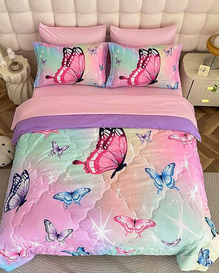 Girls Butterfly Comforter Set Bed in A Bag Twin Size 7 Piece 3D Purple Bedding Comforter Bed Set with Pillow Shams, Flat Sheet, Fitted Sheet, Pillowcases All Season - LeafyLoom