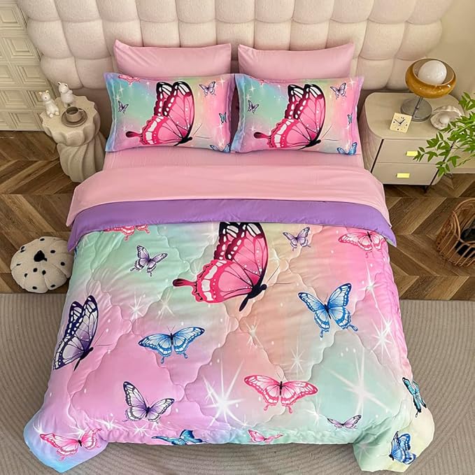 Girls Butterfly Comforter Set Bed in A Bag Full Size 7 Piece 3D Purple Bedding Comforter Bed Set with Pillow Shams, Flat Sheet, Fitted Sheet, Pillowcases All Season - LeafyLoom