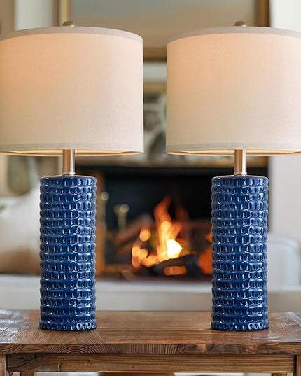 PORTRES 24.75" Modern Accent Ceramic Table Lamp Set of 2 for Bedroom Desk Decor Bedside Lamps for Living Room Study Room Office Dorm Farmhouse Nightstand Lamp End Table Lamps (Blue) - LeafyLoom