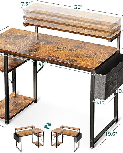 KKL 40 inch Small Computer Desk with Adjustable Monitor Stand, Home Office Desk & Workstation with Storage Shelves, Reversible Work Writing Study Table for Bedroom, Rustic Brown - LeafyLoom
