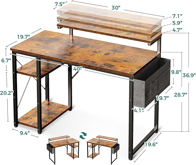 KKL 40 inch Small Computer Desk with Adjustable Monitor Stand, Home Office Desk & Workstation with Storage Shelves, Reversible Work Writing Study Table for Bedroom, Rustic Brown - LeafyLoom