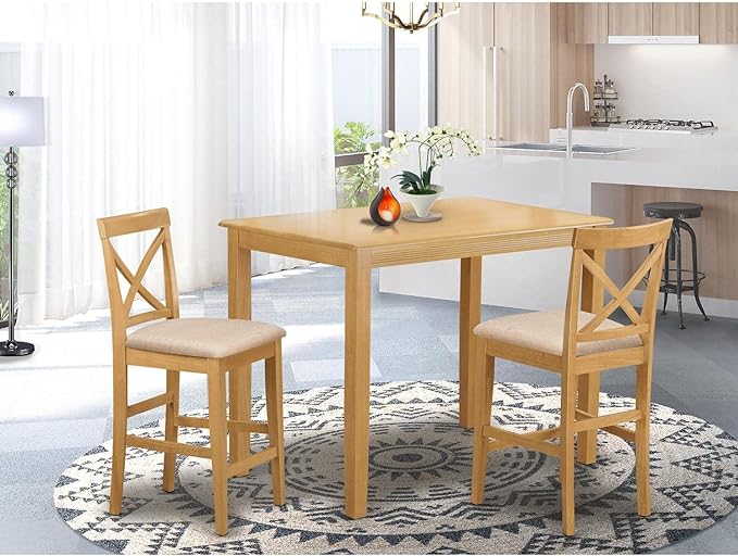 East West Furniture YAPB3-OAK-C 3 Piece Kitchen Counter Set for Small Spaces Contains a Rectangle Dining Room Table and 2 Linen Fabric Upholstered Dining Chairs, 30x48 Inch, Oak - LeafyLoom
