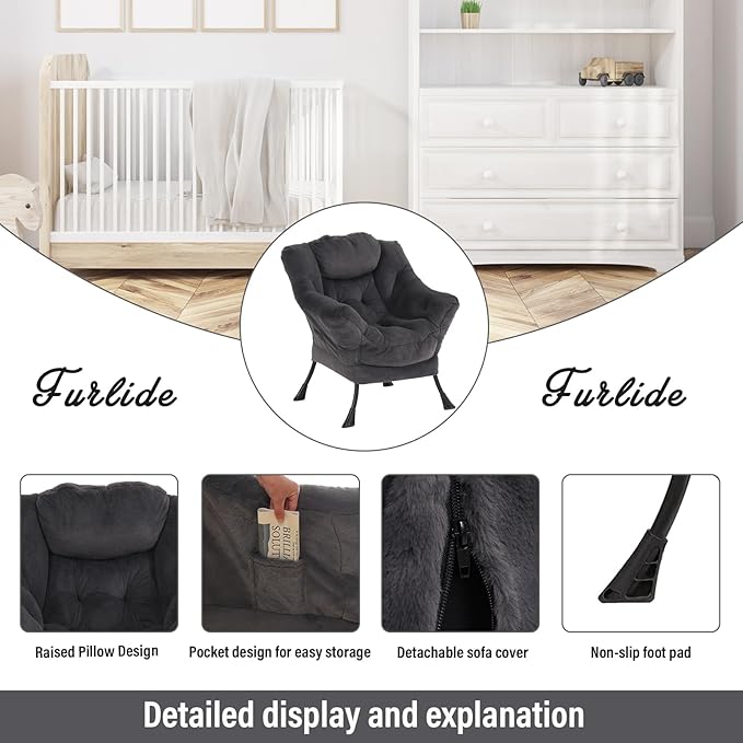 Oversized Chair with Ottoman, Modern Reading Chair, Lounge Accent Chair with Armrests and a Side Pocket for Small Space, Bedroom, Study, Living Room (Plush Dark Grey) - LeafyLoom