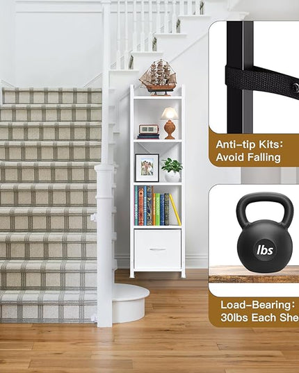Narrow-Bookshelf-With-Storage-Drawer, 5-Tier Small Standing Book Shelf Organizer For Small Space, Tall Thin Bookcase Shelf For Bedroom Living Room Office, Wooden Shelving Unit Rack For Display - LeafyLoom