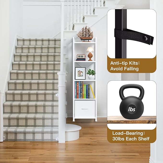 Narrow-Bookshelf-With-Storage-Drawer, 5-Tier Small Standing Book Shelf Organizer For Small Space, Tall Thin Bookcase Shelf For Bedroom Living Room Office, Wooden Shelving Unit Rack For Display - LeafyLoom