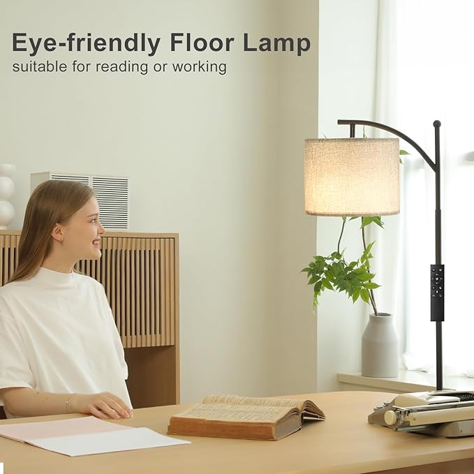 Ambimall Floor Lamp with Remote Control and Stepless Dimmable Bulb, Colors Temperature & Brightness Adjustable, Modern Floor Lamps for Living Room（Grey Shade & Black Pole） - LeafyLoom