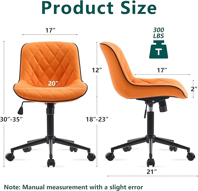 YOUNUOKE Office Chair Desk Chair with Wheels, Thick Upholstery Armless Computer Chair, Small Cute Office Chair Faux Leather Swivel Desk Chairs, Bedroom Side Chair Task Chairs, Orange - LeafyLoom