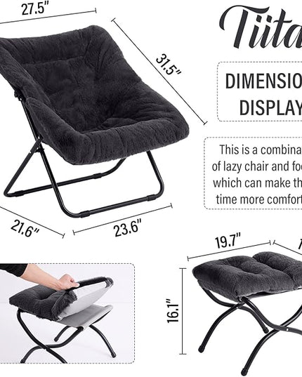 Tiita Saucer Chair with Ottoman, Soft Faux Fur Oversized Folding Accent Chair,Lounge Lazy Chair, Metal Frame Moon Chair for Bedroom, Living Room, Dorm Rooms, Garden and Courtyard - LeafyLoom