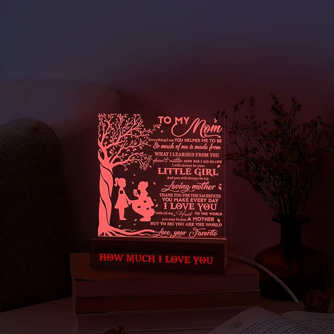 to my Mom 3D Illusion Lamp w/Wooden Base USB Powered, Mom Acrylic Night Light, Gift from Son Boy Kid, Bonus Mom Stepmom Gift, Lamp Present for Mom Mother, Gift for Birthday Mothers Day - LeafyLoom