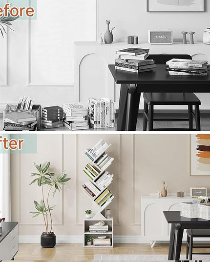 Vagusicc 6 Tier Tree Bookshelf, Modern Floor Standing Bookcase with Storage Drawer, Space Saving Storage Organizer Book Shelves for Books, Tall Wood Storage Rack for Bedroom/Living Room/Home Office - LeafyLoom