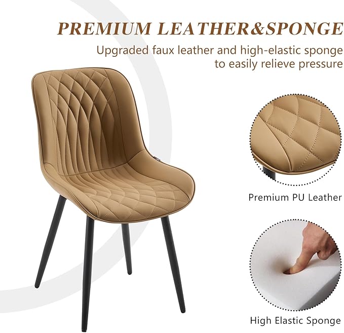 YOUNIKE Tan Dining Chairs set of 2 with High Backs Mid Century Modern Kitchen & Dining Room Chairs PU Faux Leather Upholstered sillas de comedor Comfortable Large Padded Accent Chairs with Metal Legs - LeafyLoom