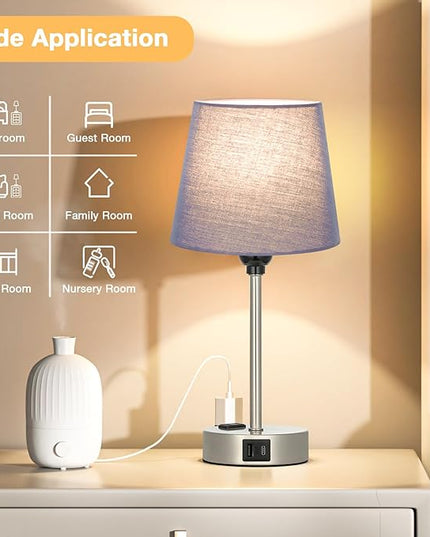 Table Lamps for Bedrooms Set of 2 Bedside - Nightstand Bedroom Lamp with USB C Port and AC Outlet Charging, Dimmable Touch Small End Side Lamp, Blue Night Stand Light for Kid/Guest Room/Living Room - LeafyLoom