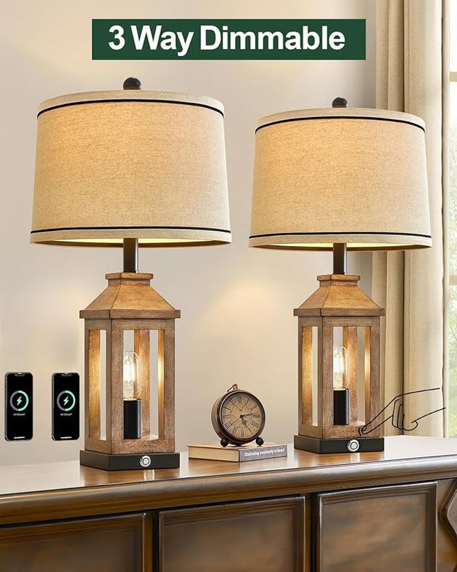 23.75" Farmhouse Dual USB Charging Ports 3-Way Dimmable Touch Control Table Lamp with Nightlight Vintage Modern Lamps for Living Room Bedroom - LeafyLoom