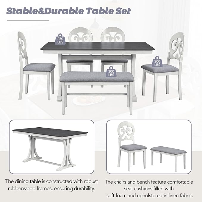 6-Piece Mid-Century Dining Set for 6, Trestle Table and 4 Elegant Victorian Round Back Chairs & Bench, for Kitchen Living Room, Gray+Antique White, 59.8" L x 35.8" W x 30" H - LeafyLoom