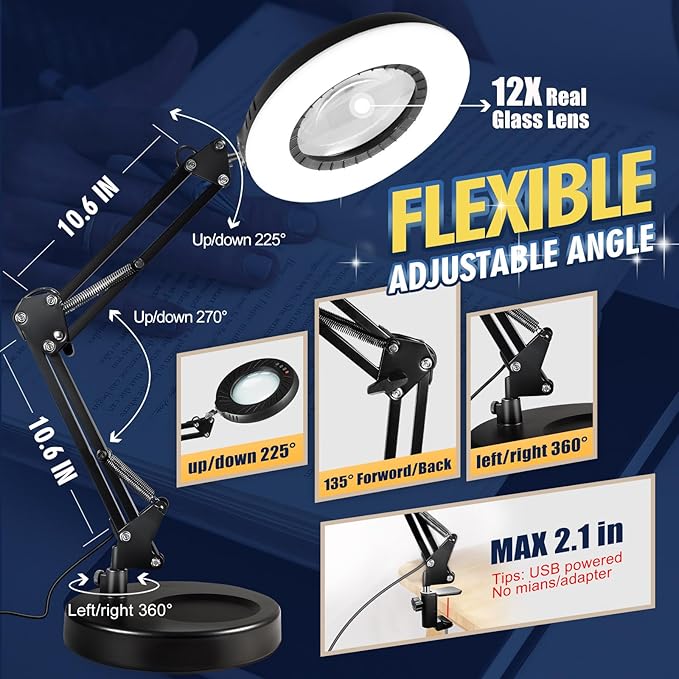 12X Magnifying Glass with Light and Stand, 144 LEDs Brightest Magnifying Lamp, 10 Dimmable Brightness 5 Modes, Hands Free Metal Desk Lamp for Craft Reading Painting Hobby Close Work - LeafyLoom