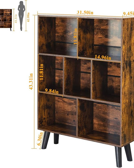 LEYAOYAO Cube Bookshelf 3 Tier Mid-Century Rustic Brown Modern Bookcase with Legs,Retro Wood Bookshelves Storage Organizer Shelf,Freestanding Open Book Shelves for Bedroom,Living Room,Office - LeafyLoom