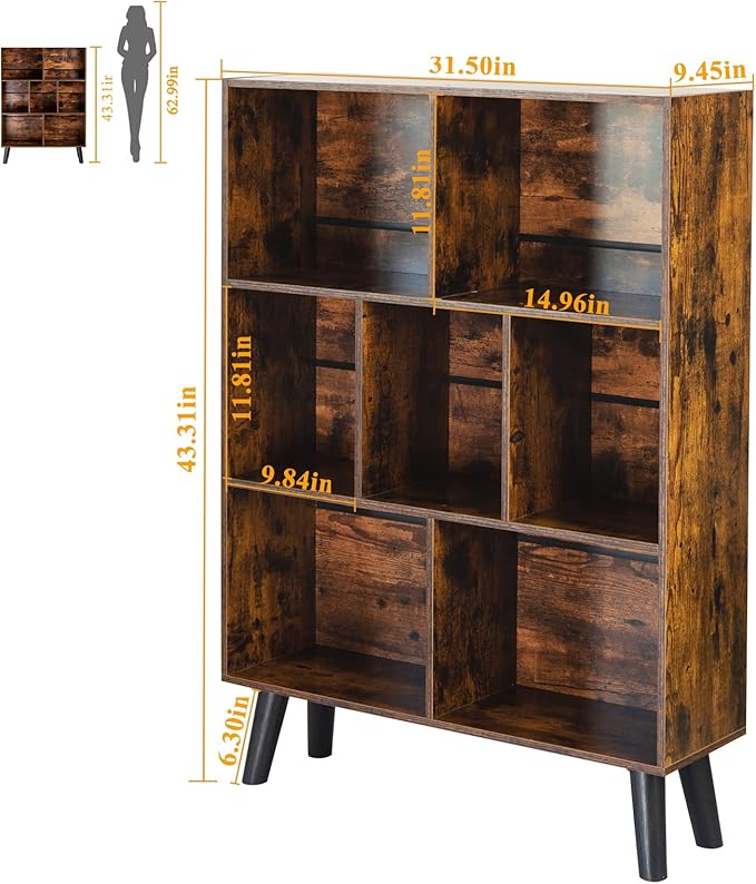 LEYAOYAO Cube Bookshelf 3 Tier Mid-Century Rustic Brown Modern Bookcase with Legs,Retro Wood Bookshelves Storage Organizer Shelf,Freestanding Open Book Shelves for Bedroom,Living Room,Office - LeafyLoom