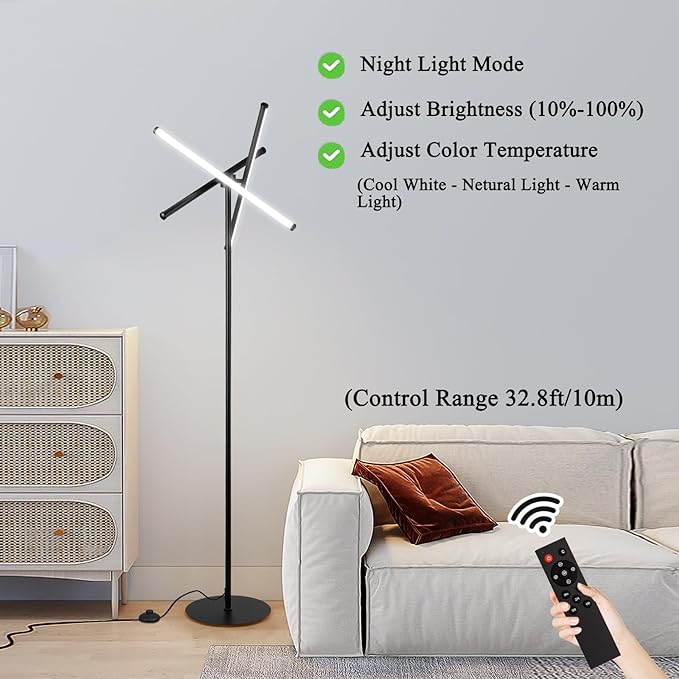 Ganeed LED Floor Lamp,Modern Tall Standing Lamps with 3 Lights,30W 3 Color Temperature & Stepless Dimmable Brightness with Remote,66.5 in Corner Lamp for Living Room, Office, Hotel, Bedroom - LeafyLoom