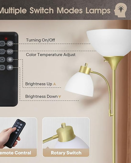 Led Floor Lamp, Super Bright 11W+7W 2100LM Torchiere Floor Lamps for Living Room, Stepless Adjustable 4 Color Temperatures 3000K-6000K with Remote Control for Bedroom(Golden) - LeafyLoom