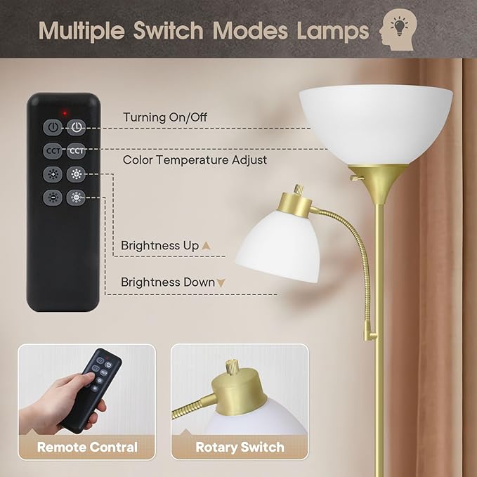 Led Floor Lamp, Super Bright 11W+7W 2100LM Torchiere Floor Lamps for Living Room, Stepless Adjustable 4 Color Temperatures 3000K-6000K with Remote Control for Bedroom(Golden) - LeafyLoom