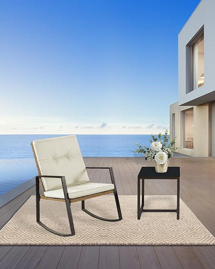 3 Pieces Rocking Bistro Set Outdoor Wicker Patio Furniture Conversation Coffee Table,Washable Cushion for Porch,balcony,Garden,Backyard,Poolside(Beige) - LeafyLoom