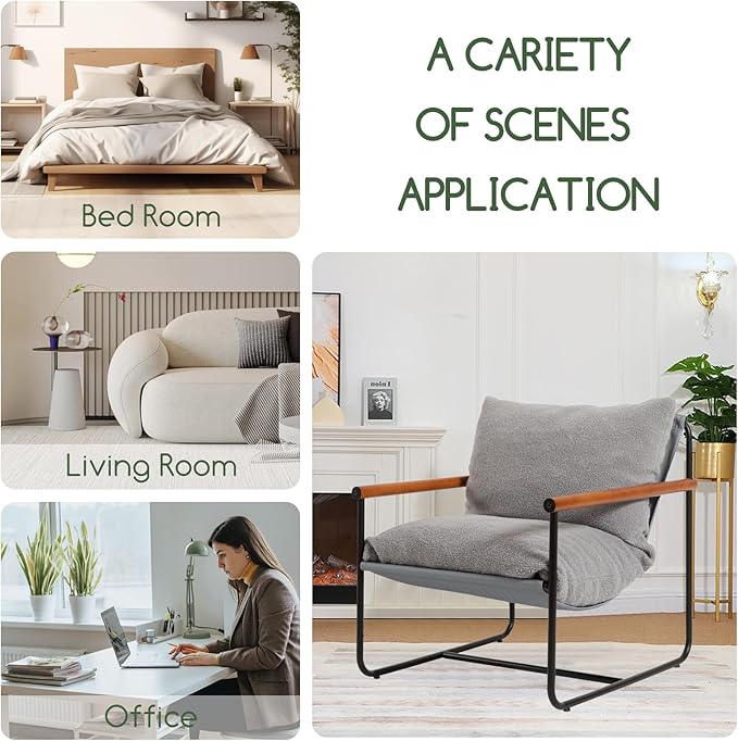 HIGOGOGO Modern Accent Chair, Living Room Chair with Wood Armrests, Shredded Foam Cushion, and Sturdy Metal Frame Reading Chair, Dark Grey - LeafyLoom