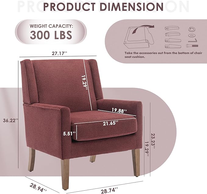 COLAMY Modern Wingback Living Room Chair, Upholstered Fabric Accent Armchair, Single Sofa chair with Lounge Seat and Wood Legs for Bedroom/Office/Reading Spaces, Red - LeafyLoom