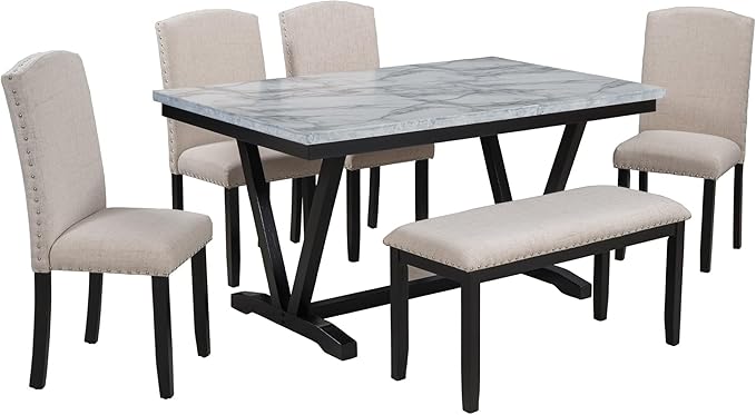 Modern Style 6-Piece Dining 4 Chairs & 1 Bench, Solid Wood Frame w/Marbled Veneers Tabletop and V-shaped Table-Legs, for Diningroom, Living Room, and Kitchen, Brown+Black - LeafyLoom