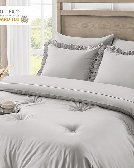 Twin Bed in a Bag 5 Pieces Comforter Set Twin, Ruffle Shabby Chic Bedding Comforter Set Light Grey Bed Set with Comforter, Pillowcase, Flat Sheet, Fitted Sheet and Pillow Sham - LeafyLoom