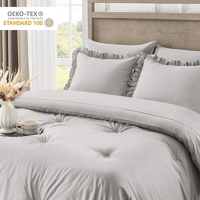 Twin Bed in a Bag 5 Pieces Comforter Set Twin, Ruffle Shabby Chic Bedding Comforter Set Light Grey Bed Set with Comforter, Pillowcase, Flat Sheet, Fitted Sheet and Pillow Sham - LeafyLoom