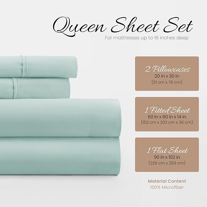 Linen Market Bed Sheets for Queen Size Bed (Aqua) - Sleep Better Than Ever with These Soft and Cooling Queen Sheets - Deep Pocket Fits 16" Thick Beds - 4 Piece Queen Sheet Set - LeafyLoom