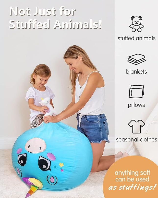 Aubliss Unicorn Stuffed Animal Storage, Velvet Bean Bag Chairs Cover, X-Large 38" Ultra Soft Kids Toy Storage Organizer for Blankets Towels Clothes Home Supplies, Blue Big Eyes - LeafyLoom