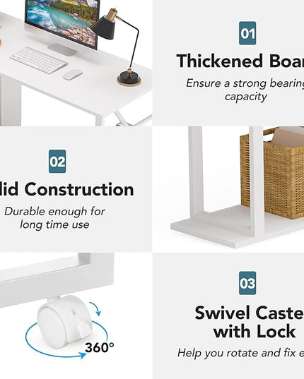 Rotating Computer Desk L-Shaped Office Desk with 5 Shelves Bookcase, Reversible Writing Desk Study Table with Wheels for Home Office, White - LeafyLoom