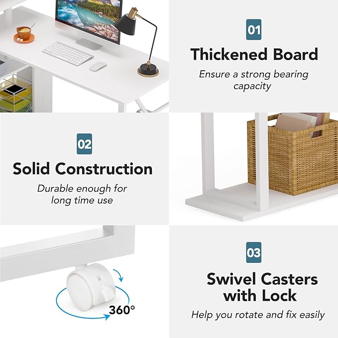 Rotating Computer Desk L-Shaped Office Desk with 5 Shelves Bookcase, Reversible Writing Desk Study Table with Wheels for Home Office, White - LeafyLoom