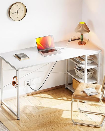 AODK Laptop Desk Office Desk, 48 Inch Computer Desk with Power Outlet and USB & Type-C Charging Port, Writing Desk with 3-Tier Reversible Storage Shelf for Home Office, 48'' x 16'', White - LeafyLoom