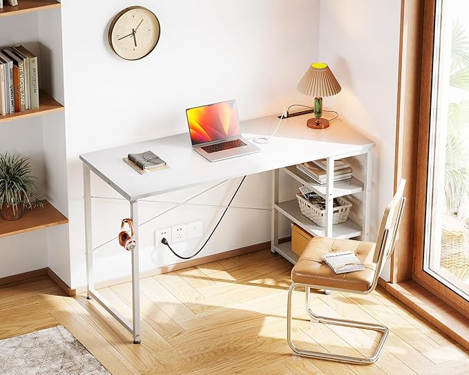 AODK Laptop Desk Office Desk, 48 Inch Computer Desk with Power Outlet and USB & Type-C Charging Port, Writing Desk with 3-Tier Reversible Storage Shelf for Home Office, 48'' x 16'', White - LeafyLoom