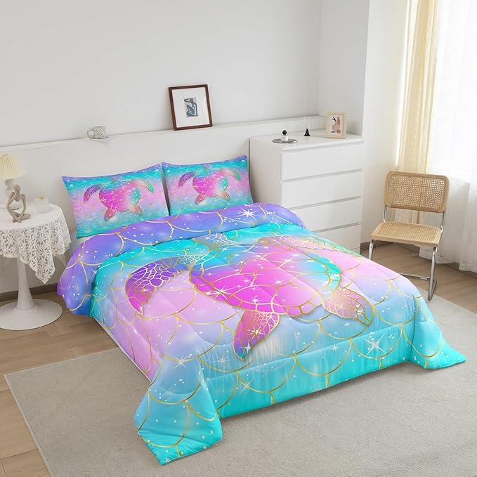 Erosebridal Mermaid Scales Comforter Set for Girls, Tortoise Reptile Bedding Set Full Size, Sea Turtle Ocean Life Duvet Sets for Kids Children Boys Women, Sweet Girly Down Comforter, Teal Blue - LeafyLoom