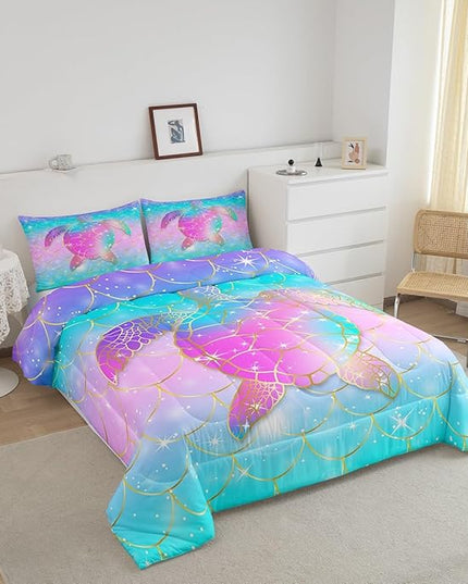 Erosebridal Mermaid Scales Comforter Set for Girls, Tortoise Reptile Bedding Set King Size, Sea Turtle Ocean Life Duvet Sets for Kids Children Boys Women, Sweet Girly Down Comforter, Teal Blue - LeafyLoom