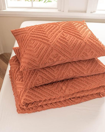 Queen Comforter Set, Tufted Terracotta Comforter Set Queen, Boho Bedding Comforter Sets Extra Fluffy, Ideal for All Seasons 3 Pieces (1 Comforter, 2 Pillowcases) - LeafyLoom