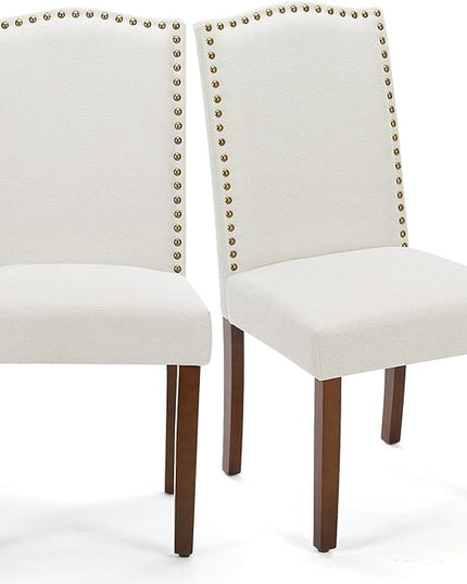 MCQ Upholstered Dining Chairs Set of 2, Modern Upholstered Fabric Dining Room Chair with Nailhead Trim and Wood Legs, Mid-Century Accent Dinner Chair for Living Room, Kitchen, Beige - LeafyLoom