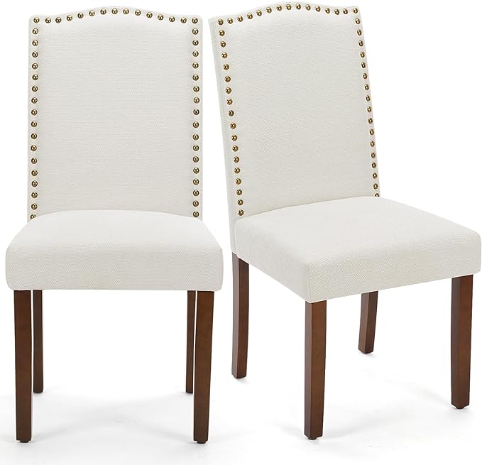 MCQ Upholstered Dining Chairs Set of 2, Modern Upholstered Fabric Dining Room Chair with Nailhead Trim and Wood Legs, Mid-Century Accent Dinner Chair for Living Room, Kitchen, Beige - LeafyLoom