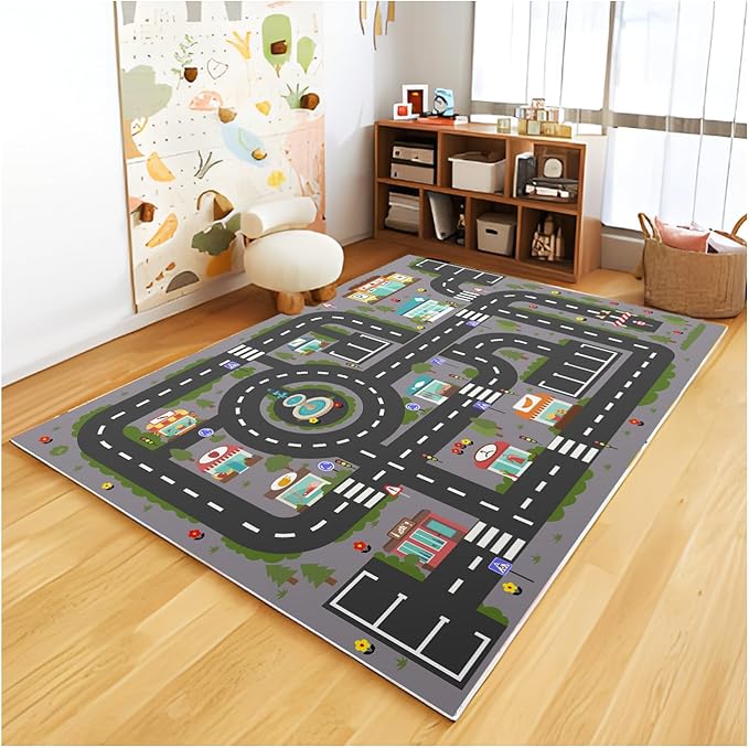 Analog ABC Kids Rug Playroom Car Rug Play Mat City Life Road Rug for Cars Fun City Map for Carpet for Bedroom Boys (55 * 82 inches, Night City) - LeafyLoom