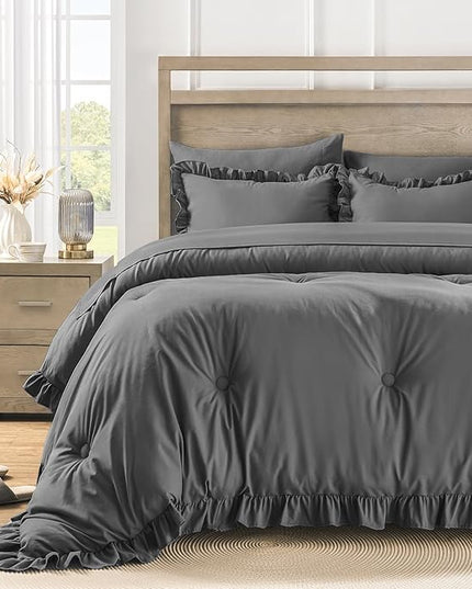 Twin Bed in a Bag 5 Pieces Comforter Set Twin, Ruffle Shabby Chic Bedding Comforter Set Dark Grey Bed Set with Comforter, Pillowcase, Flat Sheet, Fitted Sheet and Pillow Sham - LeafyLoom