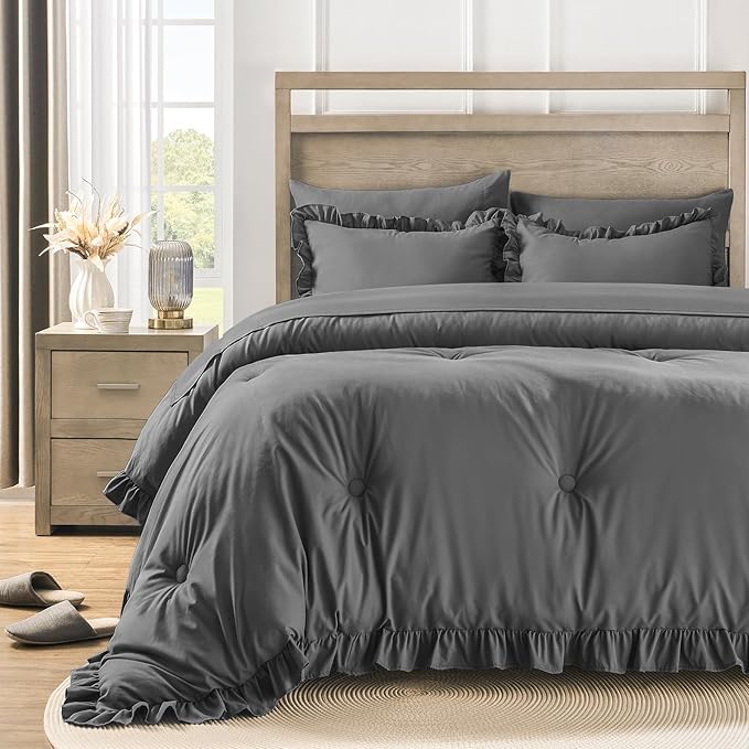 Twin Bed in a Bag 5 Pieces Comforter Set Twin, Ruffle Shabby Chic Bedding Comforter Set Dark Grey Bed Set with Comforter, Pillowcase, Flat Sheet, Fitted Sheet and Pillow Sham - LeafyLoom