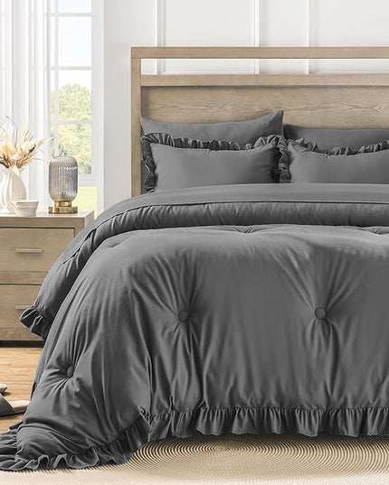Full Bed in a Bag 7 Pieces Full Size Comforter Set, Ruffle Shabby Chic Bedding Comforter Set Dark Grey Bed Set with Comforter, Pillowcases, Flat Sheet, Fitted Sheet and Pillow Shams - LeafyLoom