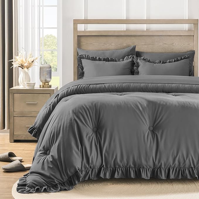 Full Bed in a Bag 7 Pieces Full Size Comforter Set, Ruffle Shabby Chic Bedding Comforter Set Dark Grey Bed Set with Comforter, Pillowcases, Flat Sheet, Fitted Sheet and Pillow Shams - LeafyLoom