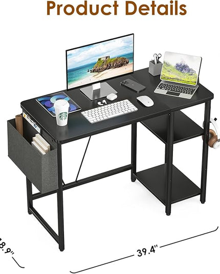 Computer Desk, 39.3” Home Office Desks, Modern Small Desk for Bedroom, Gaming Desk with Iron Hook and Height Adjustable Feet, Sturdy Student Writing Desk with Storage Bag, Storage Shelves - LeafyLoom