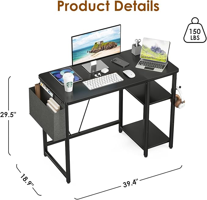 Computer Desk, 39.3” Home Office Desks, Modern Small Desk for Bedroom, Gaming Desk with Iron Hook and Height Adjustable Feet, Sturdy Student Writing Desk with Storage Bag, Storage Shelves - LeafyLoom